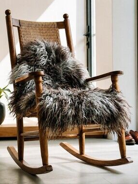 Icelandic Gray Curly Long Wool Genuine Lambskin Fur Throw Pelt Hide Rug